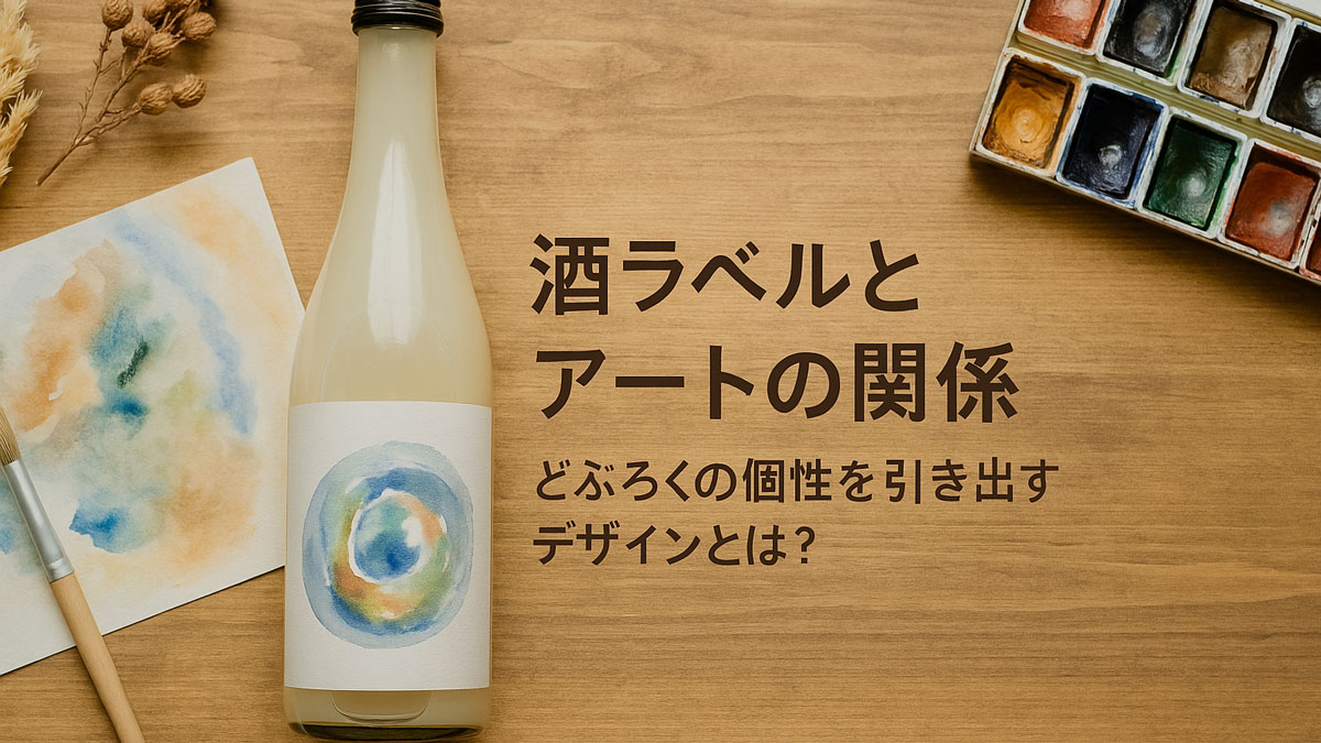 アート風のラベルが貼られたどぶろくの瓶と、水彩絵の具や筆、柔らかな色合いの紙が並ぶ、ナチュラルな雰囲気の写真。