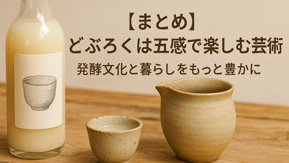 どぶろくの瓶と素朴な酒器が木のテーブルに並び、「どぶろくは五感で楽しむ芸術」という日本語テキストが添えられた温かみのある画像。