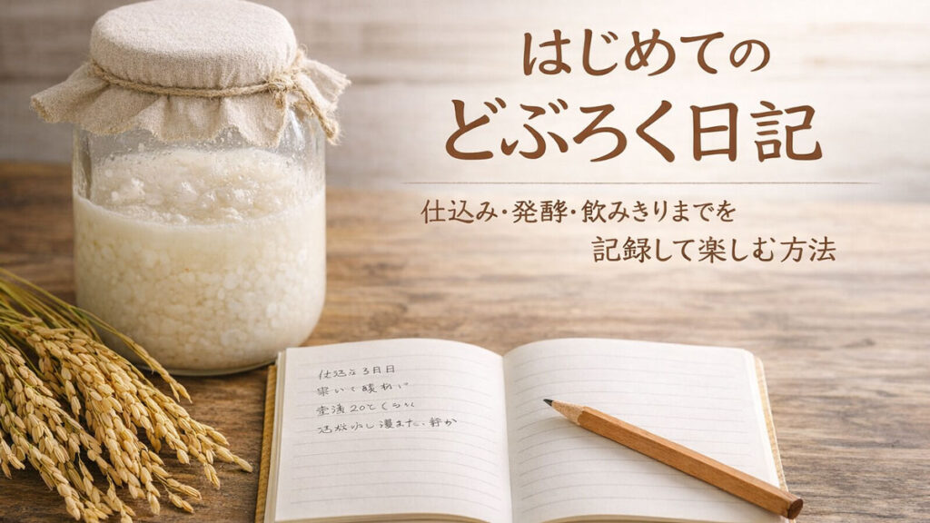 はじめてのどぶろく日記のアイキャッチ画像。発酵中のどぶろく瓶とノート、鉛筆、稲穂が並び、仕込みから発酵、飲みきりまでを記録して楽しむ様子を表現している。