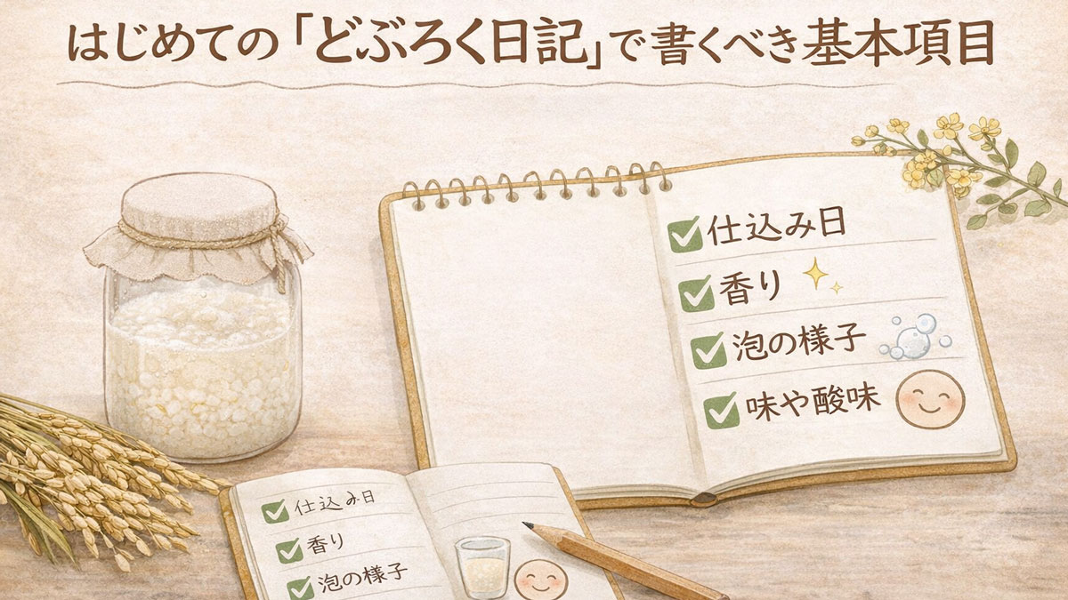 どぶろく日記の基本項目をまとめた図解イラスト。仕込み日や香り、泡、味の変化をチェックしながら記録する初心者向けの内容を表現している。
