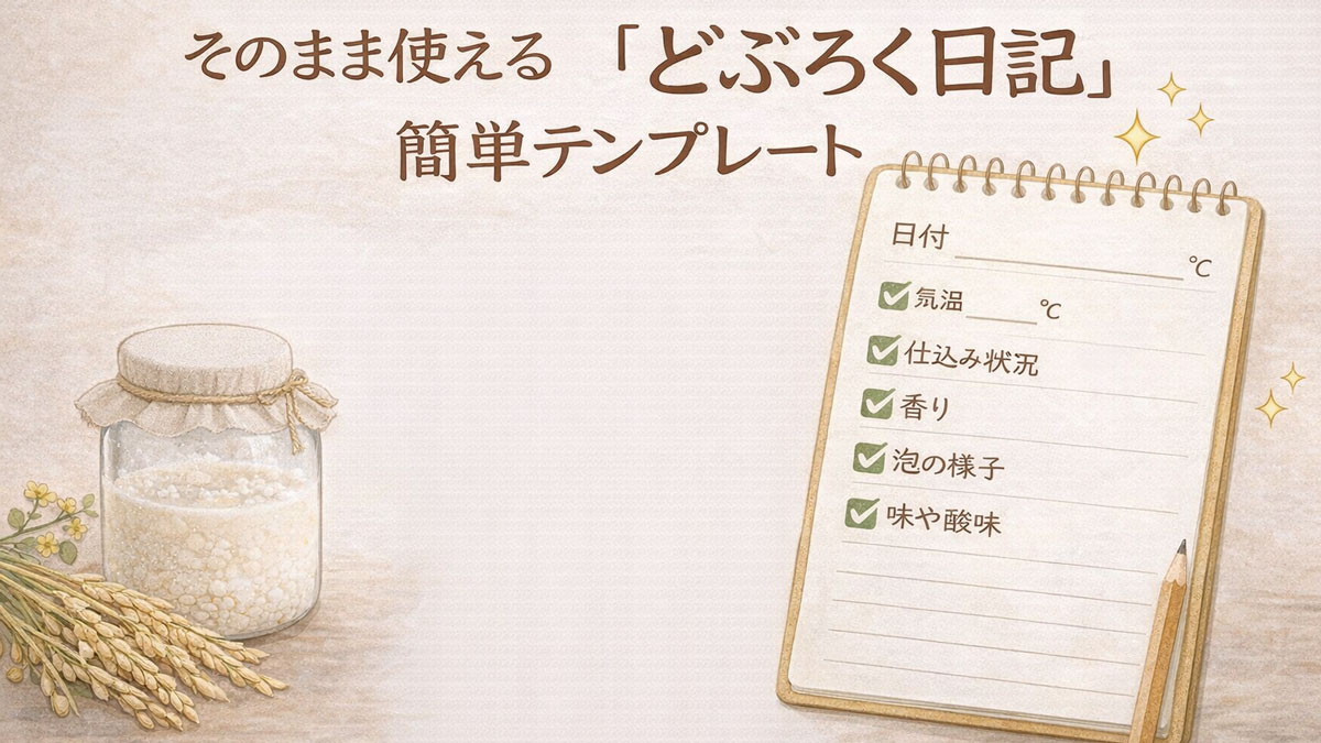 初心者向けのどぶろく日記テンプレートを紹介する図解イラスト。仕込み状況や発酵の変化をそのまま書き込める記録用フォーマットを表現している。