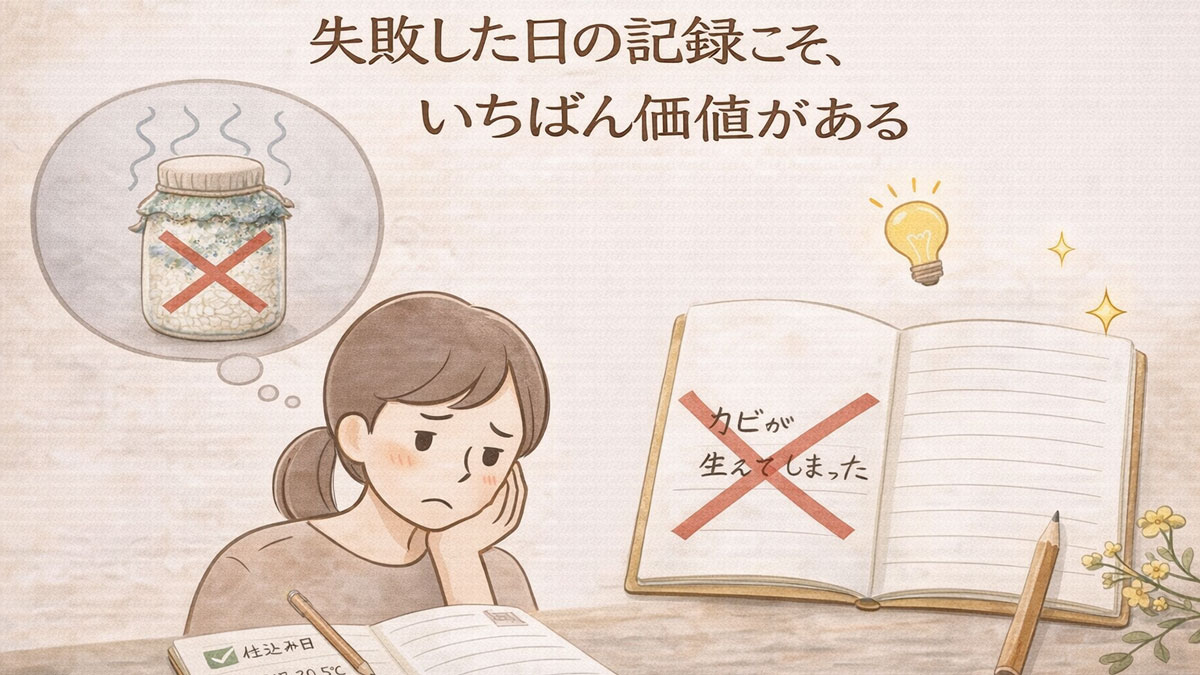 どぶろく日記で失敗を記録する重要性を示した図解イラスト。発酵トラブルに落ち込む様子と、記録から学びを得て次に活かす流れを表現している。