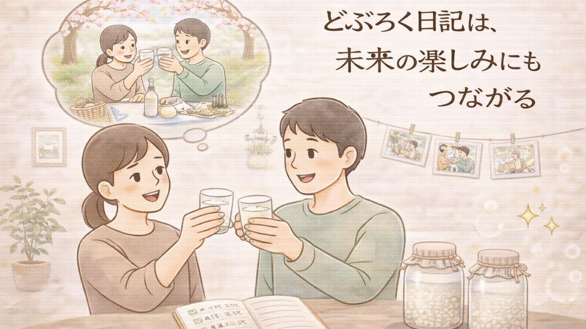 どぶろく日記が未来の楽しみにつながることを表現したイラスト。発酵の記録を重ねたあと、完成したどぶろくを共有し、暮らしの楽しみが広がる様子を示している。